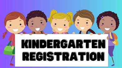  Cartoon children standing over a white sign that says "Kindergarten Registration"